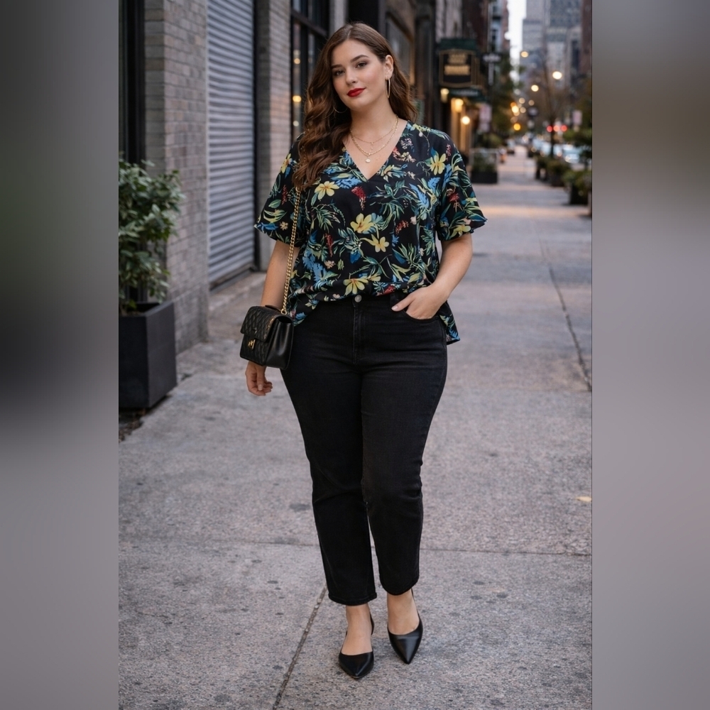 Davi & Dani 1X Black Tropical Floral V-Neck Blouse NWT Flowy Lightweight Top